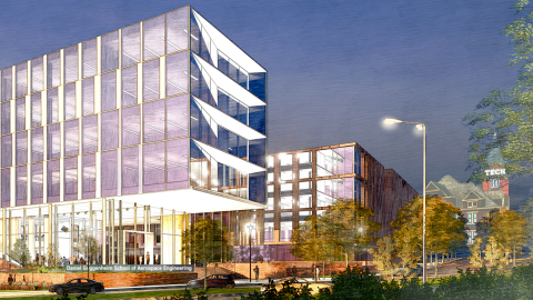 A rendering of a glassy modern new building at Georgia Tech's campus in the middle of Atlanta, Georgia.