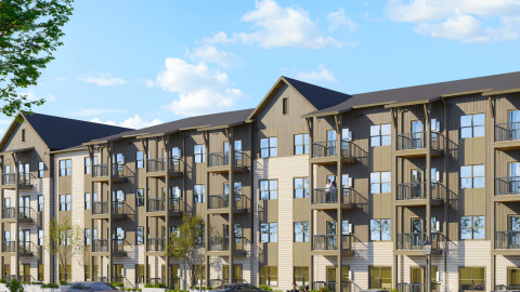 An image showing a site under blue skies and an Atlanta interstate where more than 300 apartments are planned with traditional facades and balconies.