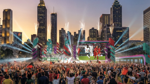 An aerial photo of a large green park in downtown Atlanta with many skyscrapers and a giant ferris wheel nearby, under blue cloudy skies.