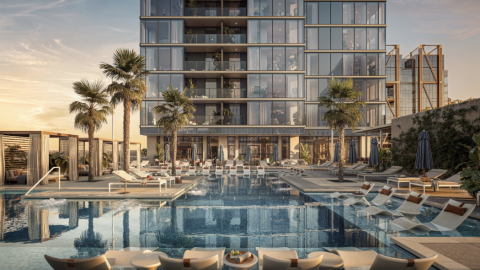 A rendering of a fancy pool area under gray-blue skies with many palms and a huge glass tower next to it.