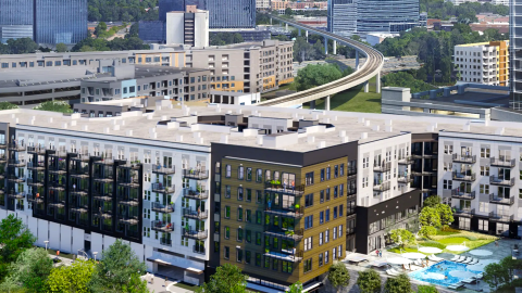 A rendering of a large apartment complex with a pool near many tall buildings and a MARTA line north of Atlanta Georgia.