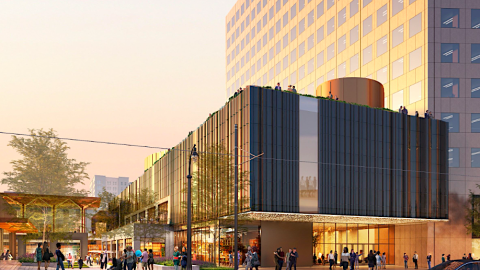 A rendering showing the base of a large downtown Atlanta skyscraper and new retail at the base.