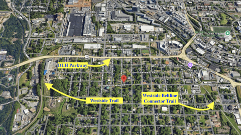 The North & Oliver site location (red) in English Avenue, with many trees and streets around it in Atlanta, near wide roads.
