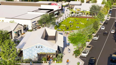 A rendering of a large mall redevelopment near Atlanta called Lulah Hills, with greenspace in the middle.