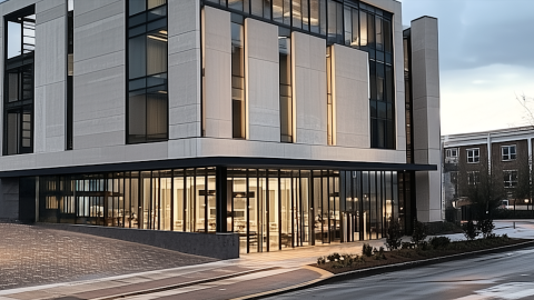 A rendering of a modern-style mixed use building near a wide lot and street under gray skies. 