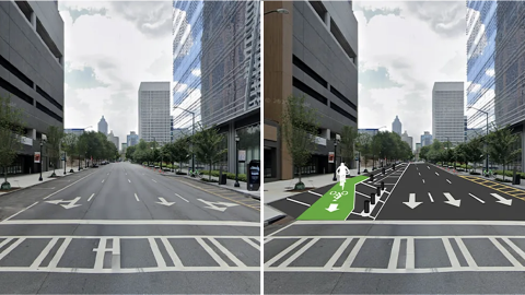 A visual showing a large new bike line on a four-lane street in the middle of Atlanta with many high-rises around it. 