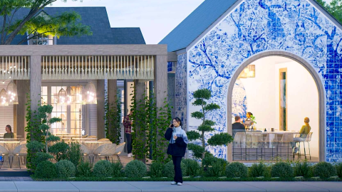 An image for a planned restaurant expansion in Buckhead Atlanta on a busy corner under many trees, with two wide streets on either side.