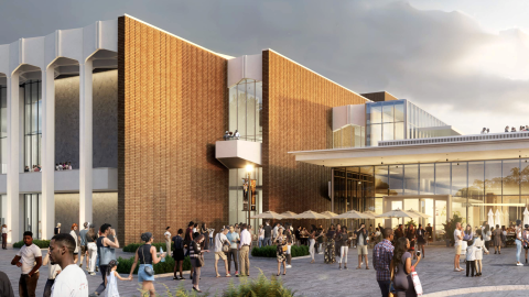 A rendering showing a historic large Atlanta Civic Center building and a possible glassy modern expansion at right. 