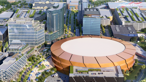 a rendering of a large round copper stadium complex with many new buildings around it and new streets next to a suburban Atlanta highway. 