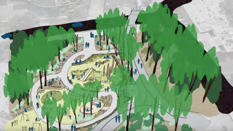 An overview of a large new trail project in Atlanta near a MARTA station and the Beltline with many trees and nice plazas planned.