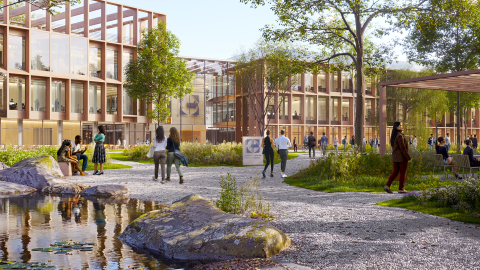 A rendering of a large biologics campus in suburban Atlanta with a water feature and a many modern-style buildings with many trees.