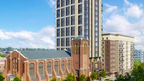 A rendering for a large residential building made of glass and stone next to a church and new apartment complex in downtown Atlanta under blue skies. 