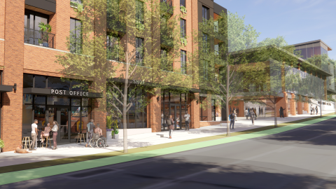 An image of a large new development planned on Atlanta's westside with a hotel and numerous new housing options with retail along a wide street at the base. 