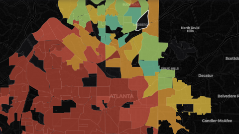 An image with a map of all Atlanta neighborhoods on a black screen with many colors.