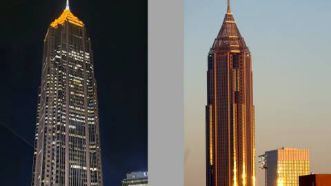 A photo of the tallest building in Atlanta with a crown that glows orange at night.