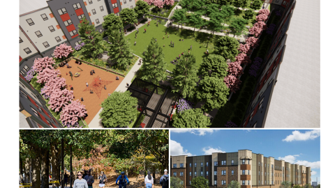 An image of a large new apartment complex with many trees and balconies just west of Midtown Atlanta under blue skies. 