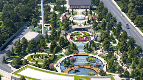 An image showing an expansion area for a huge garden in Atlanta near a wide road with a system of fountains inside.