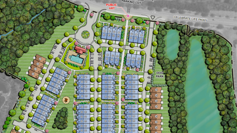 An overview of a large new home site outside Atlanta near many roadways and large trees 