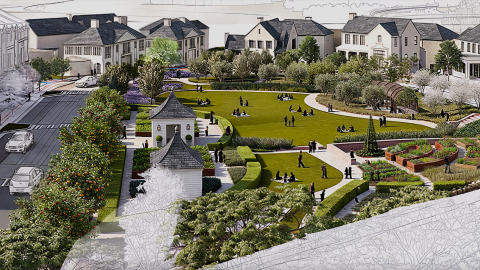 An overview image of a large new upscale development with a central green and many restaurants and large white homes around many trees.