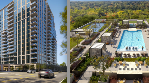A rendering of a large new luxury glass condo tower in Buckhead Atlanta near many trees. 