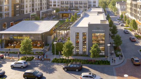 An image of a large new development with new streets and many new businesses and apartments north of Atlanta in Johns Creek. 