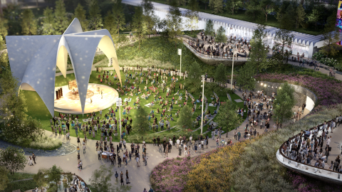 A rendering of a large new park with a big white sculpture in the middle in Midtown Atlanta near many high-rises, with a path and yoga space in the center. 
