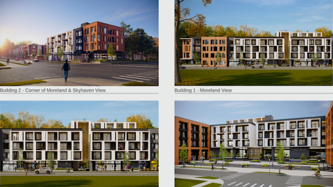 Rendering of a large apartment complex on a wide street in Atlanta under blue skies with a large courtyard. 