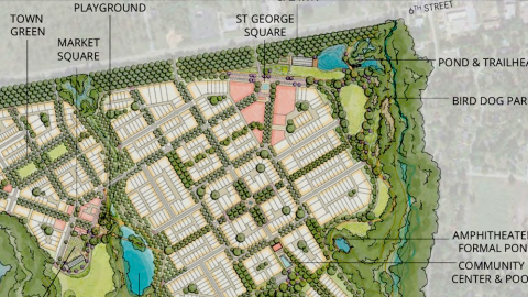 An overview of a large site plan with many New Urbanism design and hundreds of homes near a small town Waynesboro in Georgia.