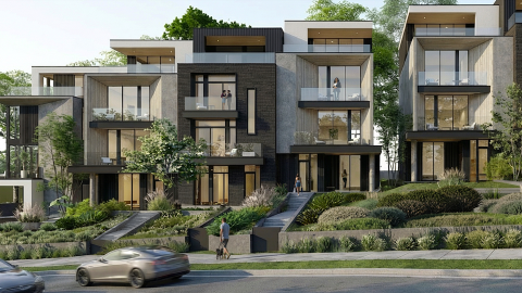 A rending of a large modern new townhome project along a wide street with many trees in Buckhead Atlanta.