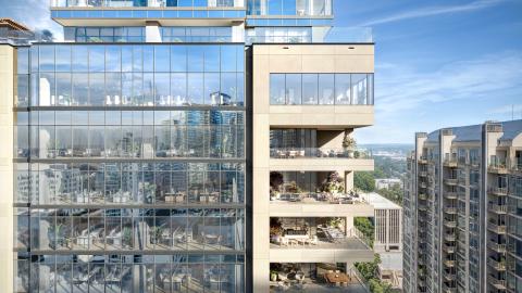 A rendering for a large new glassy mixed-use skyscraper in Atlanta under blue skies near many other tall buildings, with trees and clouds in the distance.