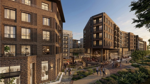 An overview image of a large new district in Atlanta with many new buildings along the Beltline trail.