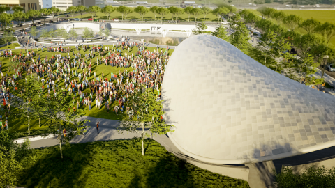 An image of a huge pringle-shaped concert and events venue near a large park and field area at a TV and film studio north of Atlanta.