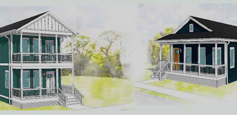 A rendering of a home project with affordable units west of downtown Atlanta, with two traditional style homes shown.