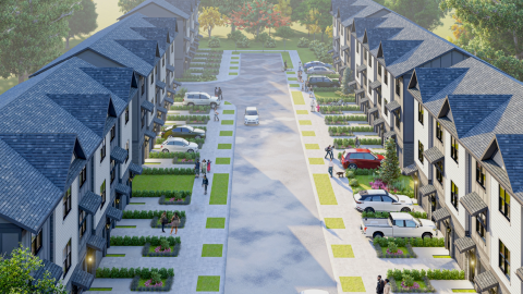 A rendering of a large new townhome project with blue and gray exteriors outside Atlanta in Decatur.