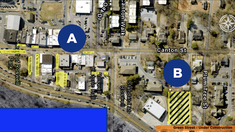 An image of a suburban downtown in Atlanta with illustrations for new parking rules and a parking garage. 