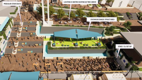 A rendering of a large plaza area outside Underground Atlanta with many people and new trees.