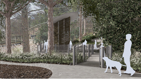 An image of a new park space with many trees and pathways near a street and Beltline path in Atlanta.
