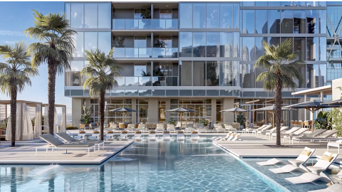 A rendering of a tall glassy skyscraper in Midtown Atlanta with a pool and palm trees and many other buildings around, with long-range view of a city. 