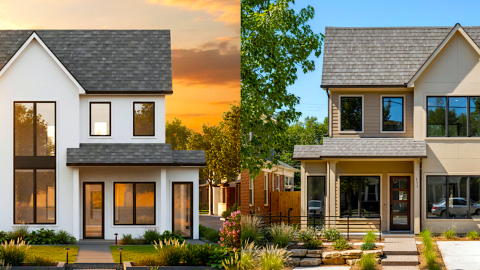 An image of a new home development on Atlanta's southside with a white and brown home shown under blue cloudy skies.
