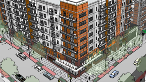 An image of a large apartment and retail construction project in downtown Atlanta on a corner near many tall buildings.