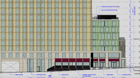 An image of a large new tower in Buckhead north of Atlanta on a current dog park, next to many tall buildings. 