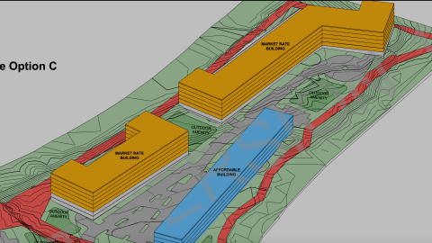 An image showing a large draft development proposal alongside the Atlanta Beltline trail in Grant and Ormewood Parks in Atlanta near many homes and trees.