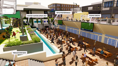 An image of a large downtown district in South Downtown Atlanta with many people and seating areas and plazas and more.