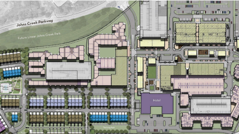 An image of a large new district with many homes and shops north of Atlanta, with many apartment floorplans.