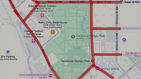An image of a large downtown area with many red bars over closed streets in Atlanta.