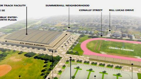 An image of a large indoor track and field facility proposed near downtown Atlanta near a track and wide pedestrian zones.