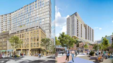 A rendering of a large new apartment tower under blue skies in downtown Atlanta near many buildings. 