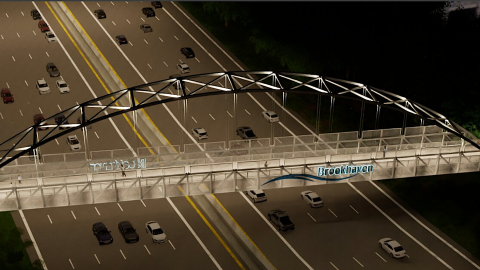 Peachtree Creek Greenway Connector Bridge in a rending of a wide interstate with many trees and cars nearby. 