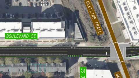 A large image of a street project with bike lanes and new parking space in Atlanta by ATLDOT; designs, Gresham Smith; Platinum Geomatics 