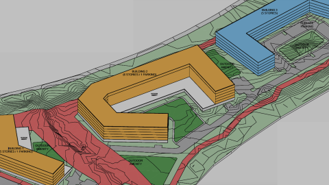 An image showing a large new development plan in Atlanta with three buildings along a walking and biking trail. 